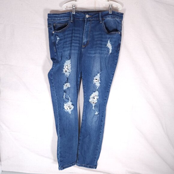 Judy Blue Skinny Jeans 16W Distressed Ripped Lace Patch Stretch Grunge Boho Y2K - Picture 1 of 14